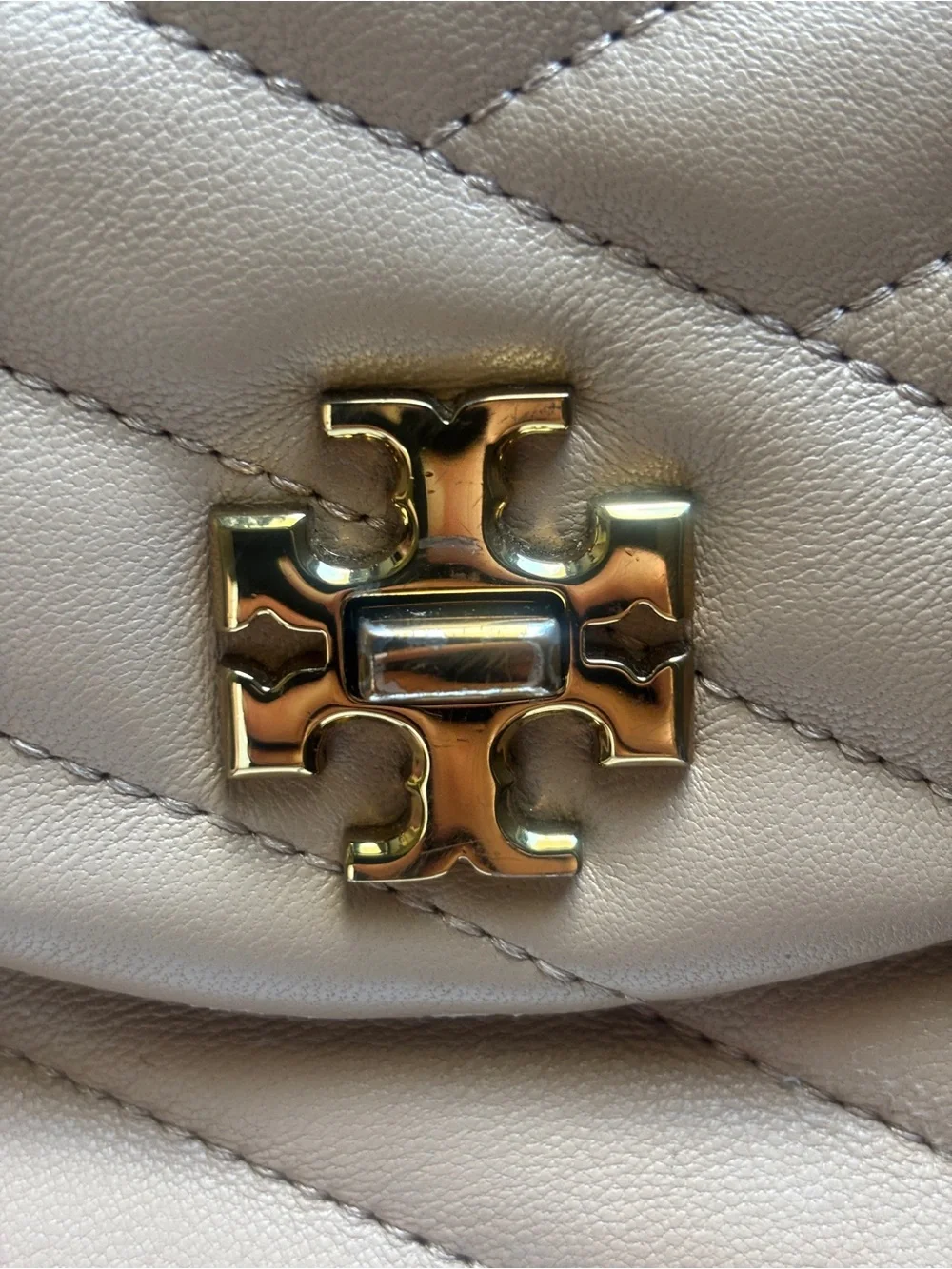 Tory Burch Quilted Crossbody Bag in Tan with Gold Logo